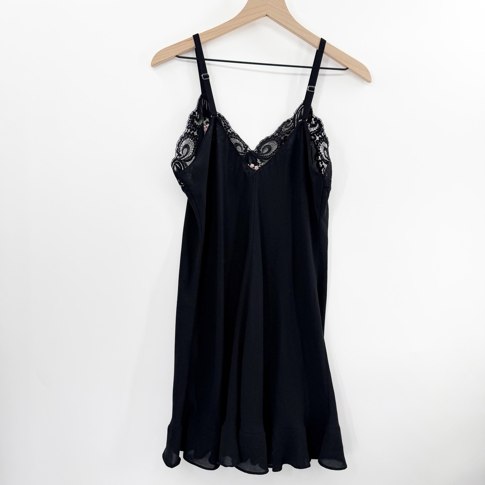 Vintage Y2K Lace Trim Mini‎ Slip Dress Embroidered in Black Size Large - Picture 2 of 8